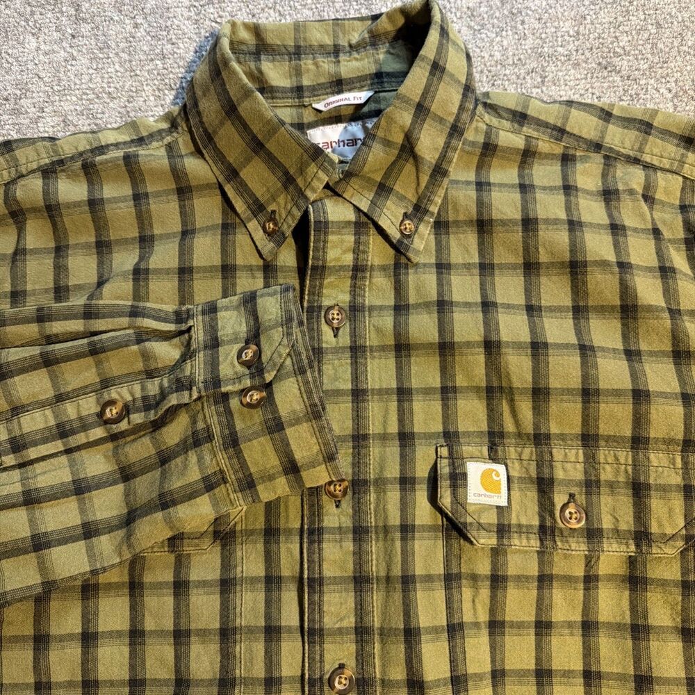 Carhartt Shirt Mens Medium Green Plaid Button Down Long Sleeve 100% Cotton